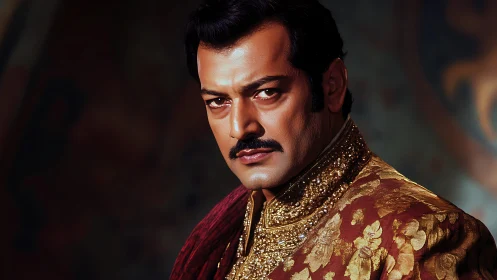 Regal portrait of stern nobleman in ornate brocade coat.