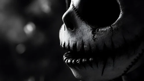 High-contrast macabre skull portrait in chiaroscuro close-up.