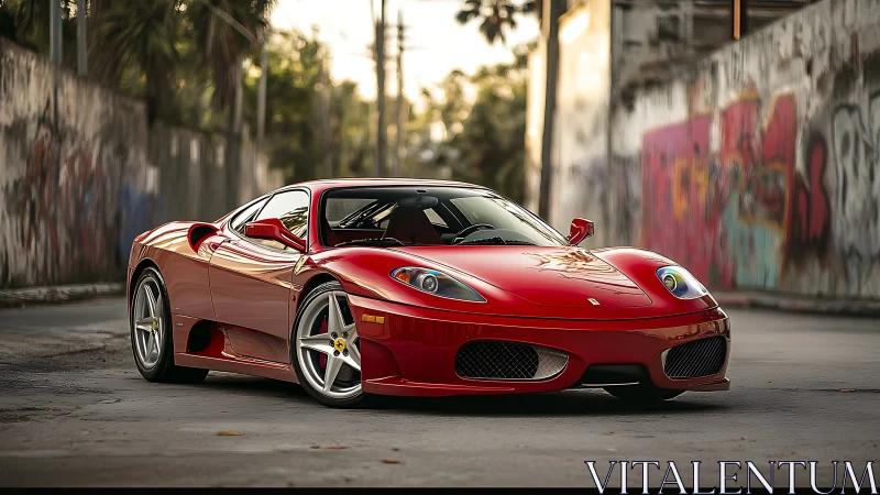 Red Italian supercar poised in sunlit urban alleyway.