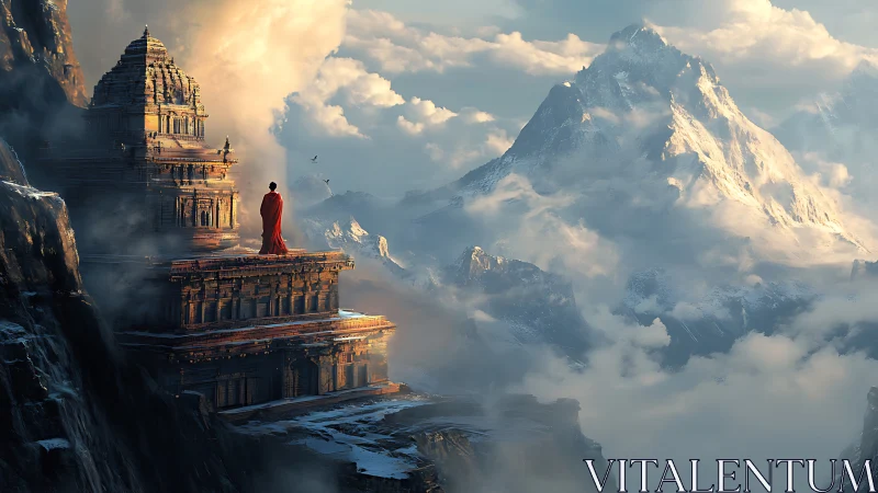 Monk in crimson gazes toward a sunlit kingdom of peaks.