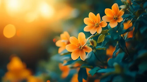 Golden Blossoms Glowing Against Teal Foliage.