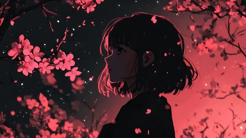 Night blossoms cradle a quiet girl in glowing crimson dusk