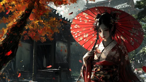 Crimson umbrella muse beneath stormlit autumn maple.