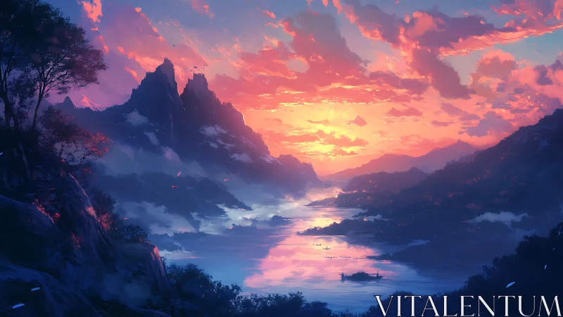 Radiant river valley at dusk under cinematic sky.