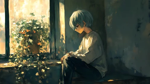 Melancholic youth in rim-lit window alcove, painterly detail.