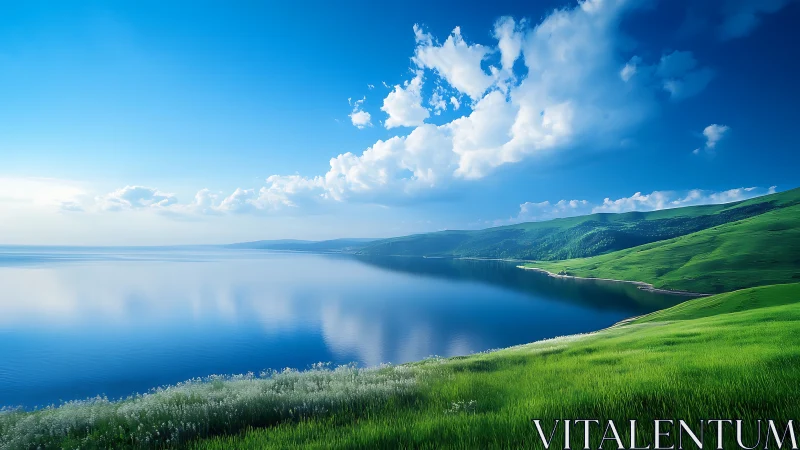 Peaceful blue lake embraced by rolling green hills at dawn.