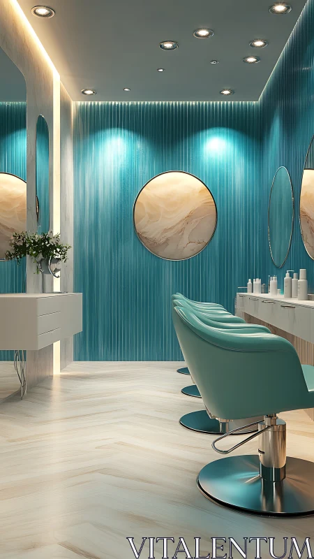 Turquoise salon interior with teal styling chairs and round mirrors
