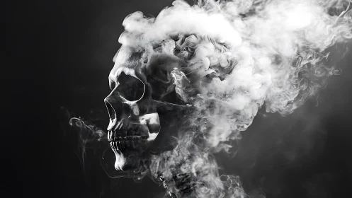 Monochrome skull dissolves into swirling volumetric smoke plume
