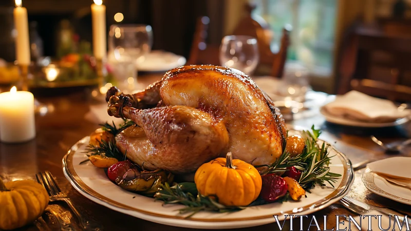 Roast turkey centerpiece on autumn holiday dinner table.