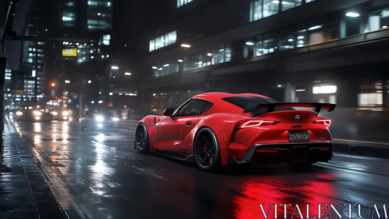 Red sports coupe drives on wet city street at night in rain