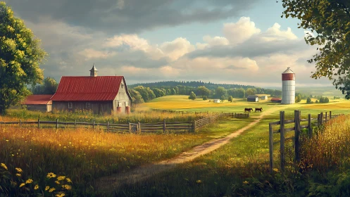 Sunlit country farm with red barn, silo, fields, and horses.