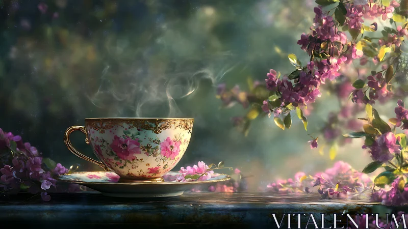 Steaming floral teacup among glowing spring blossoms.