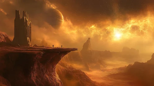 Explorers approach a monolithic fortress on a burning alien horizon