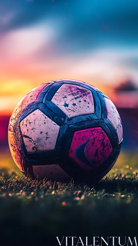 Weathered soccer ball rests on vivid sunset pitch