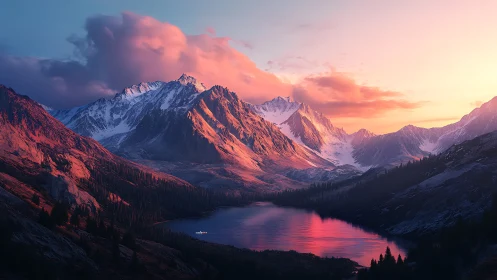 Sunlit alpine peaks overlook mirror lake at vivid sunset.