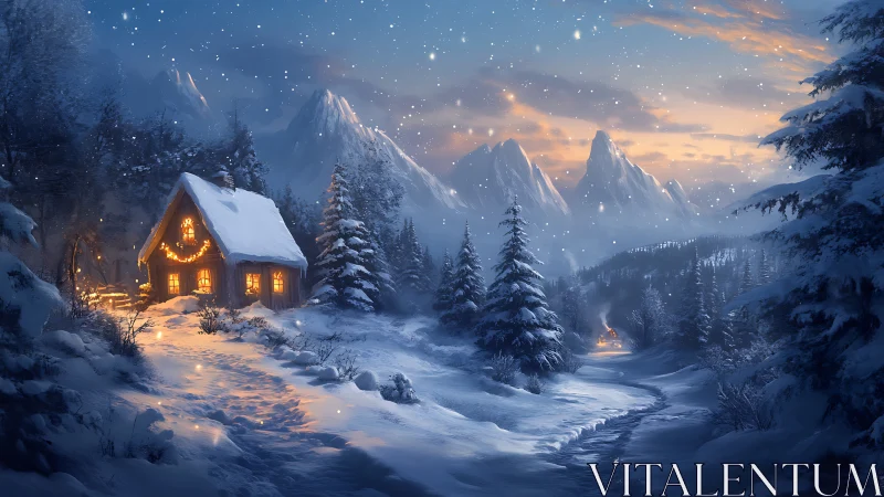 Snow-laden alpine cabin illuminated by warm volumetric interior light