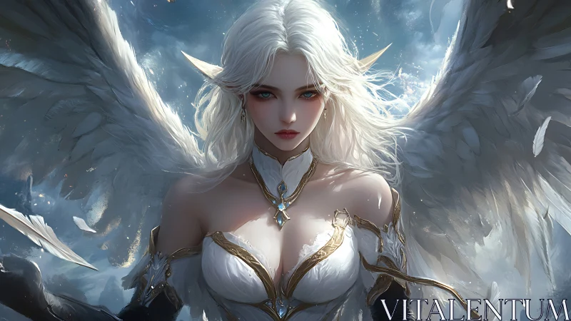 White haired winged warrior angel in ornate armor, front view.