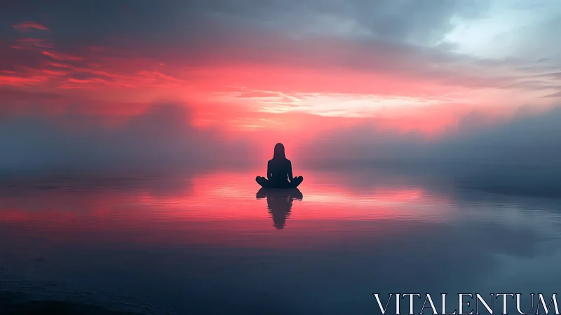 Silhouette meditates on mirrorlike water under vivid red dawn