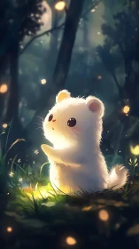 Glowing forest spirit bear gazes at drifting fireflies softly.