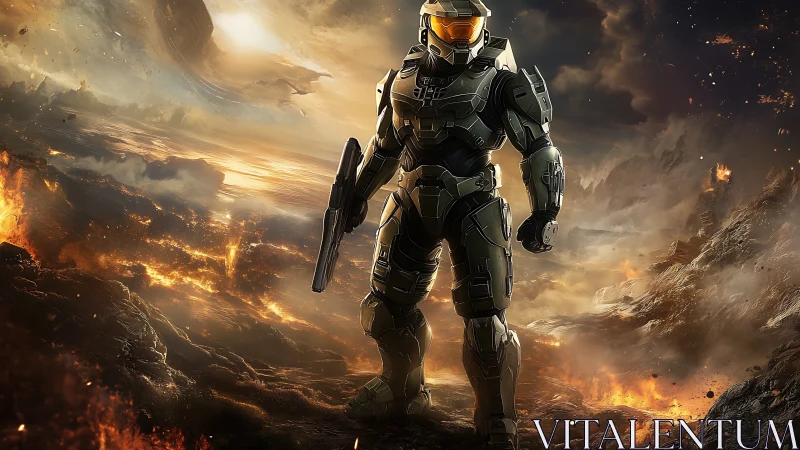 Armored sci fi supersoldier in volcanic warzone environment