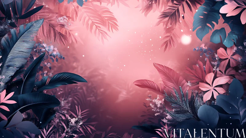 Neon tropical foliage frames glowing pink forest portal.