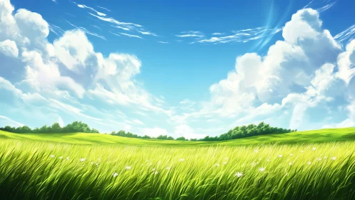 Luminous summer meadow under expansive sculpted cloudscape.