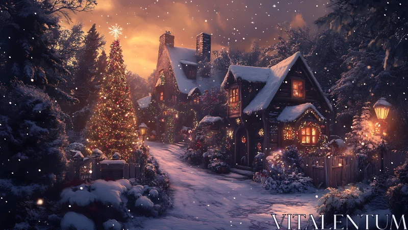 Snow-covered houses display structured holiday lighting at dusk
