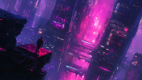Lone figure overlooks neon cybercity under magenta haze.