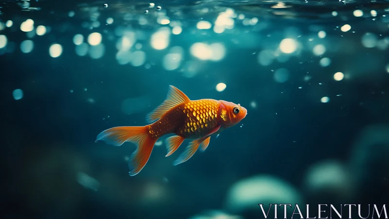 Single orange goldfish suspended in deep teal bokeh water