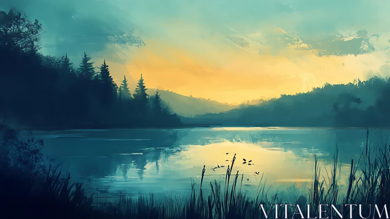 Dawn quietly rehearses its colors across the misty lake