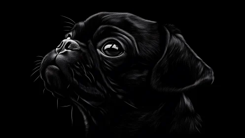 Black pug portrait in high contrast digital illustration.