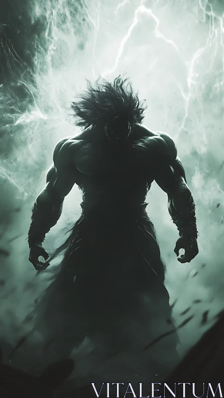 Silhouetted muscular figure stands against bright storm backdrop