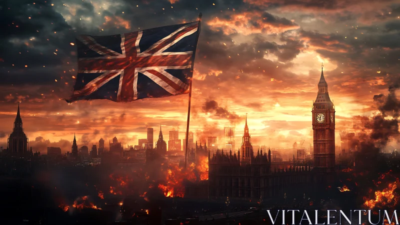 Burning London skyline under Union Jack at dusk.