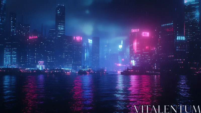 Neon cyberpunk harbor skyline glows through rainy night