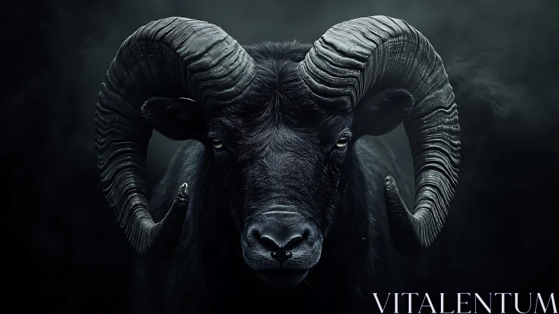 Dark horned ram portrait in dramatic low key lighting.