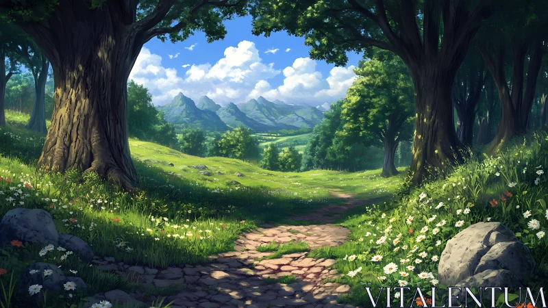 Ancient Gateway Through Emerald Realm with Mountain Vistas