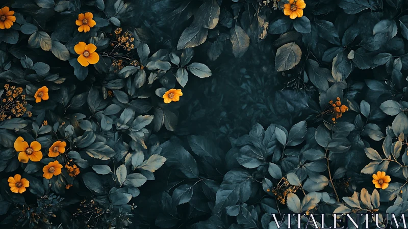 Golden Blooms Against Deep Teal Foliage.