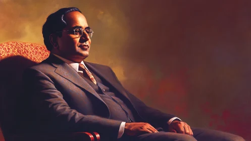 Seated male figure in formal suit rendered in oil painting