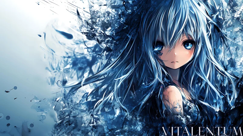 Blue haired anime figure in fragmented abstract environment.