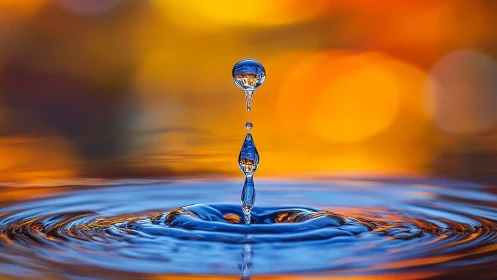Water droplet column over rippled surface, warm bokeh backdrop.