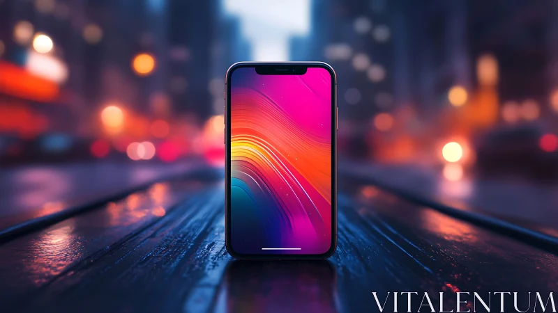 Modern Smartphone in Neon Light Surrounded by City Glow.