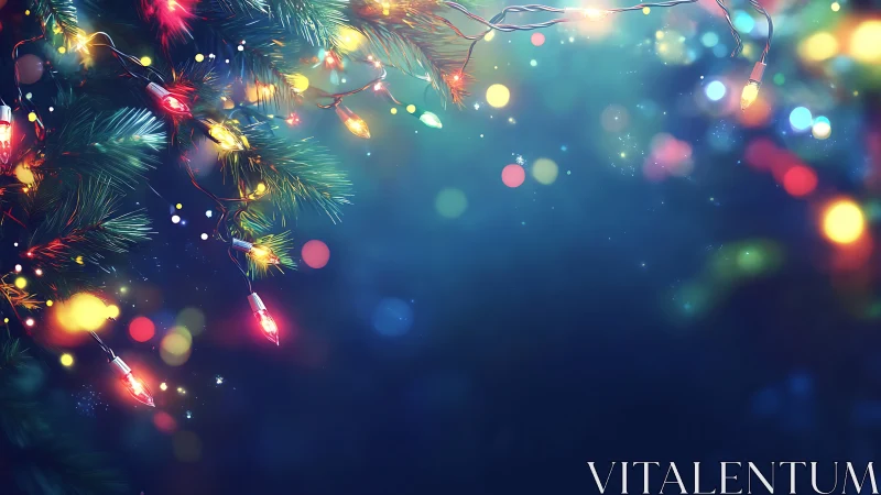 Festive conifer branches with multicolor bokeh lights glow softly