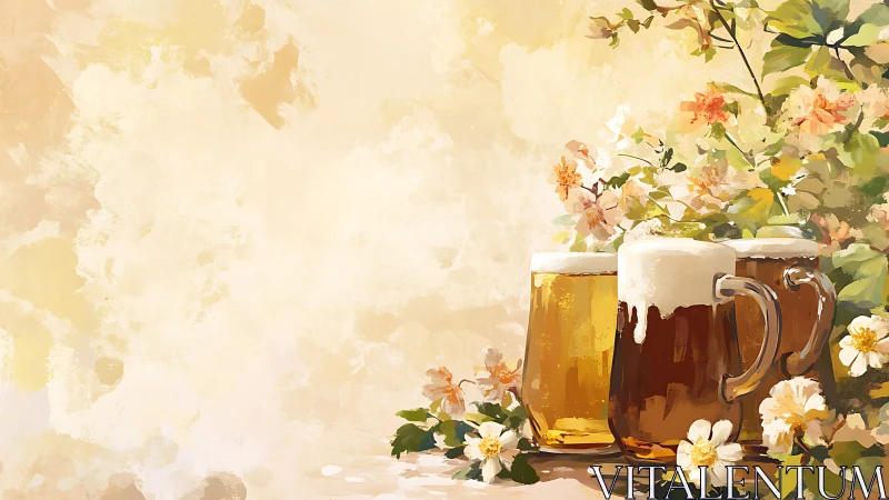 Beer mugs and floral elements are arranged against pale ground