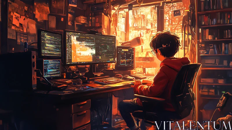 Young coder in warm-lit studio with multi-monitor rig.