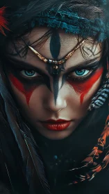 Warrior woman’s fierce painted gaze burns through the shadows