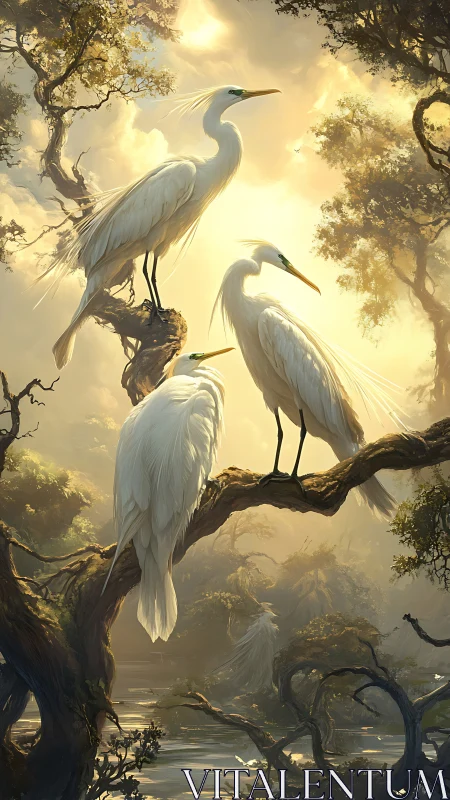 Sunlit egrets poised on twisted mangrove branches at dawn.