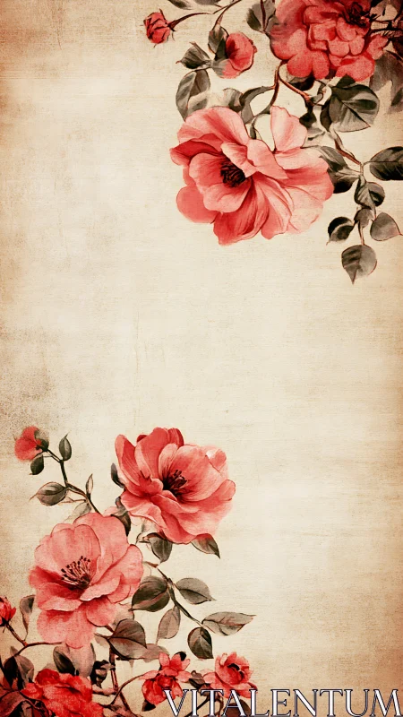 Soft vintage roses drift gently across warm parchment