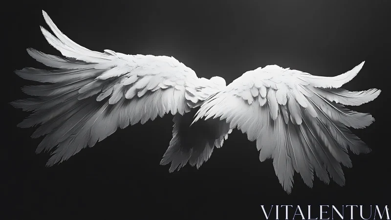 White angelic wings spread in high-contrast monochrome studio.