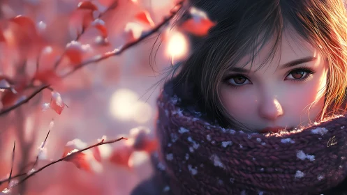 Winter ember gaze amid blush-tinted snowlit leaves.