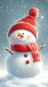Snowman with red hat and scarf in light snowfall outdoors.